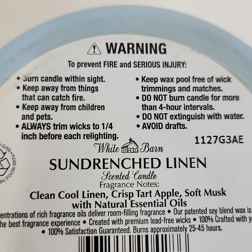 White Barn Bath‎ & Body Wotks Sundrenched Linen Candle 3 Wick NEW